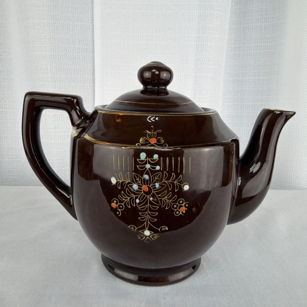 Vintage Brown Betty Redware Teapot Moriage Enamel Hand Painted Japan GUC MCM